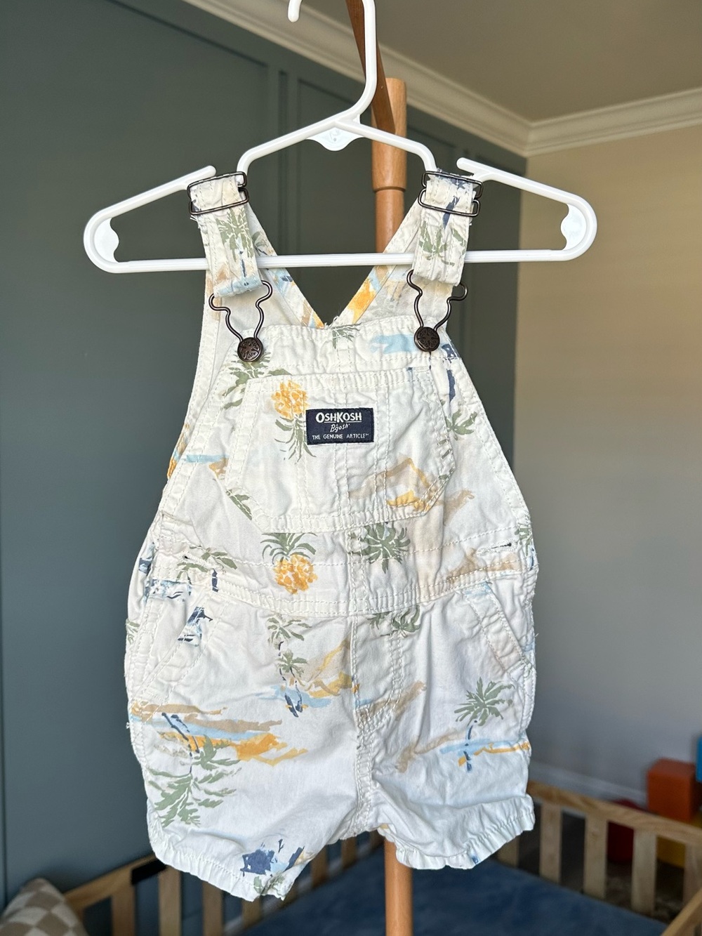 OshKosh Cream Pineapple & Palm Short Overalls